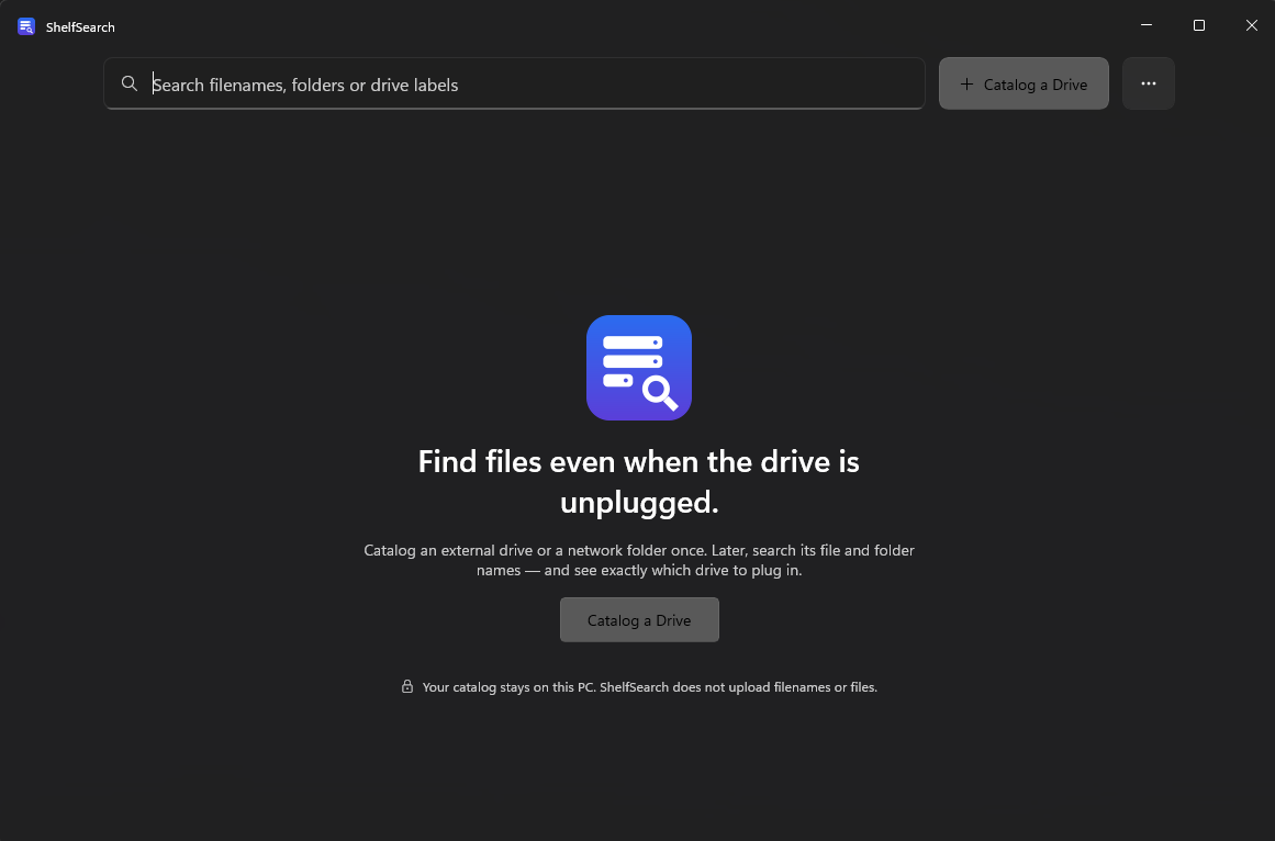 The real ShelfSearch Windows app, showing its offline search home screen