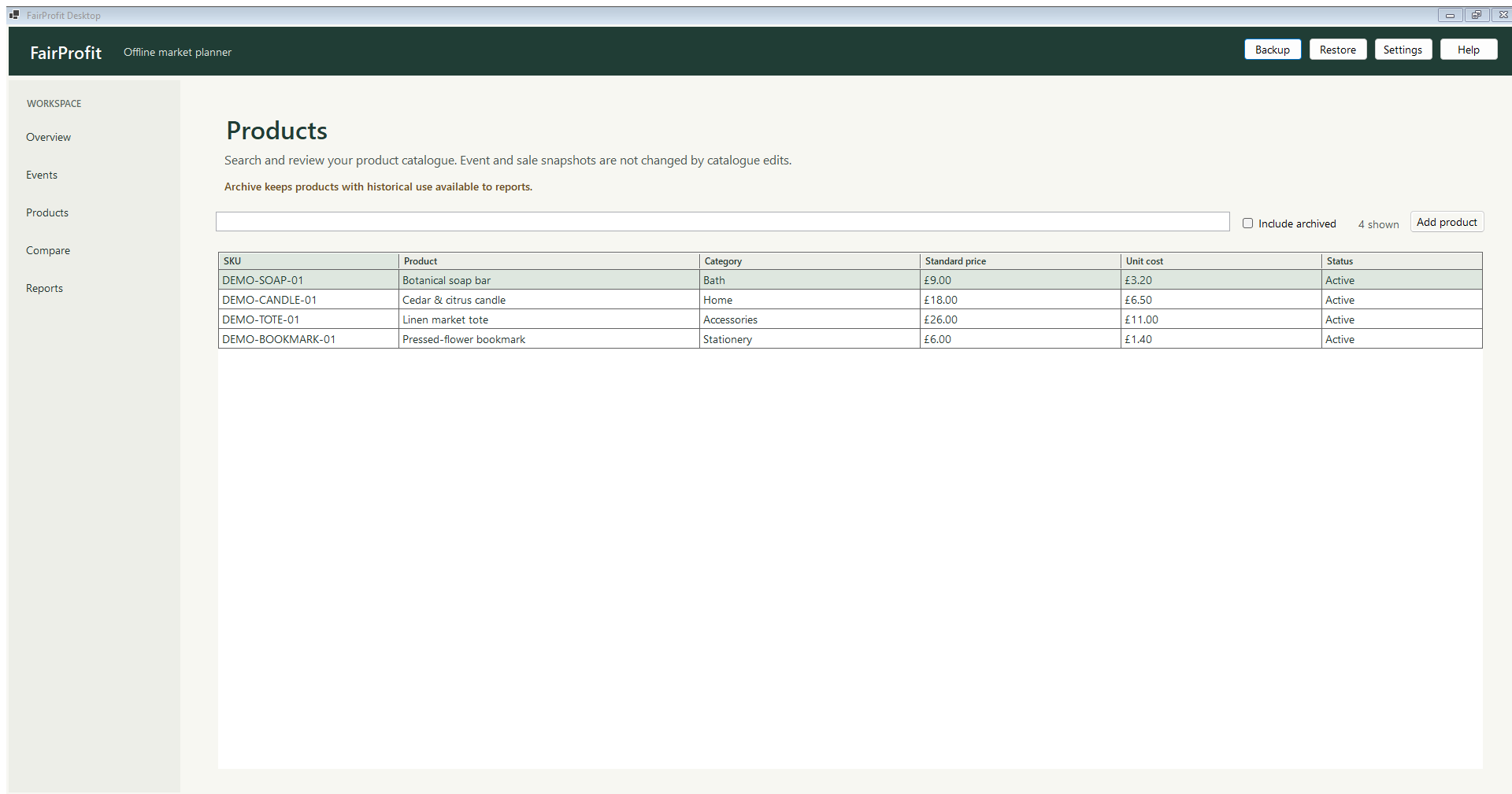 FairProfit Desktop product catalogue with sample items, prices, costs and categories