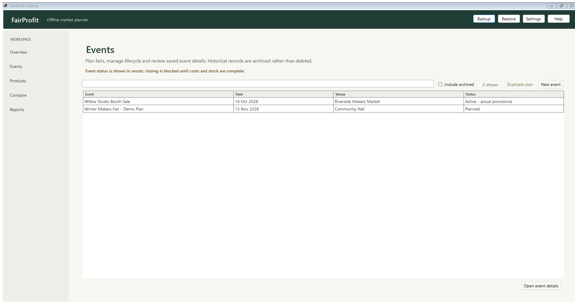 FairProfit Desktop events list with sample planned and active craft fairs
