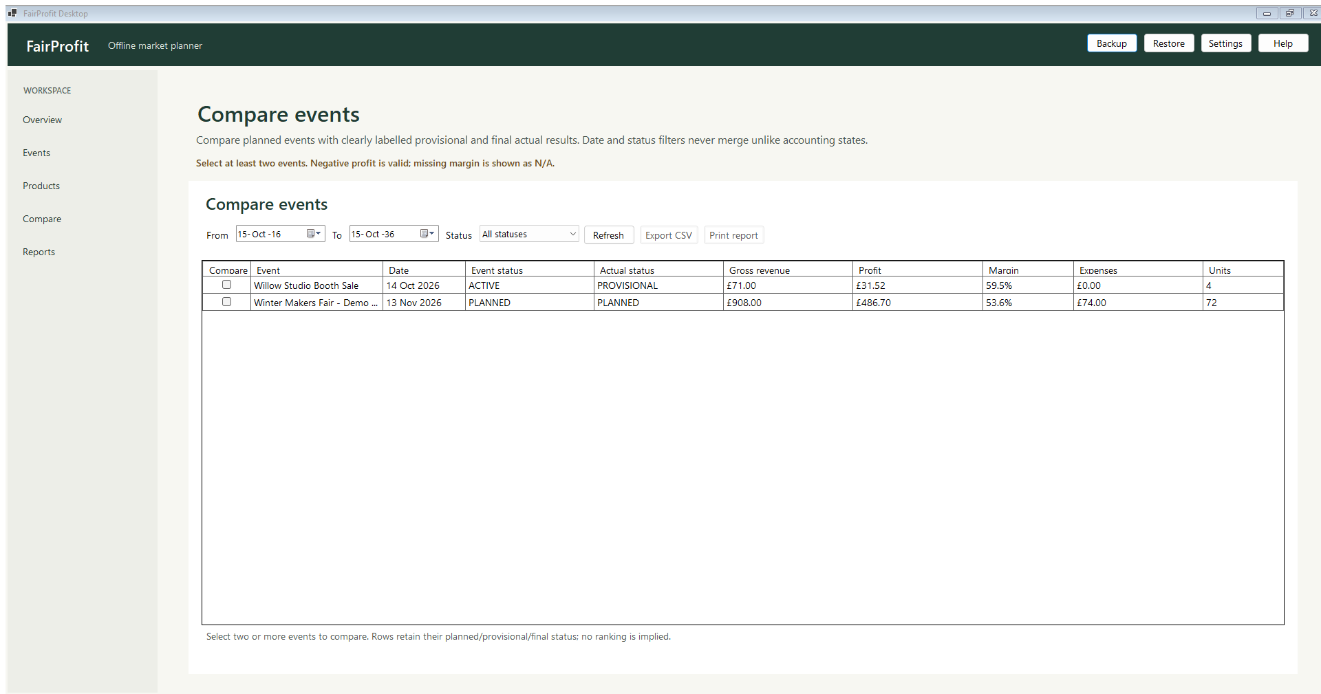 FairProfit Desktop event comparison with sample provisional and planned event results