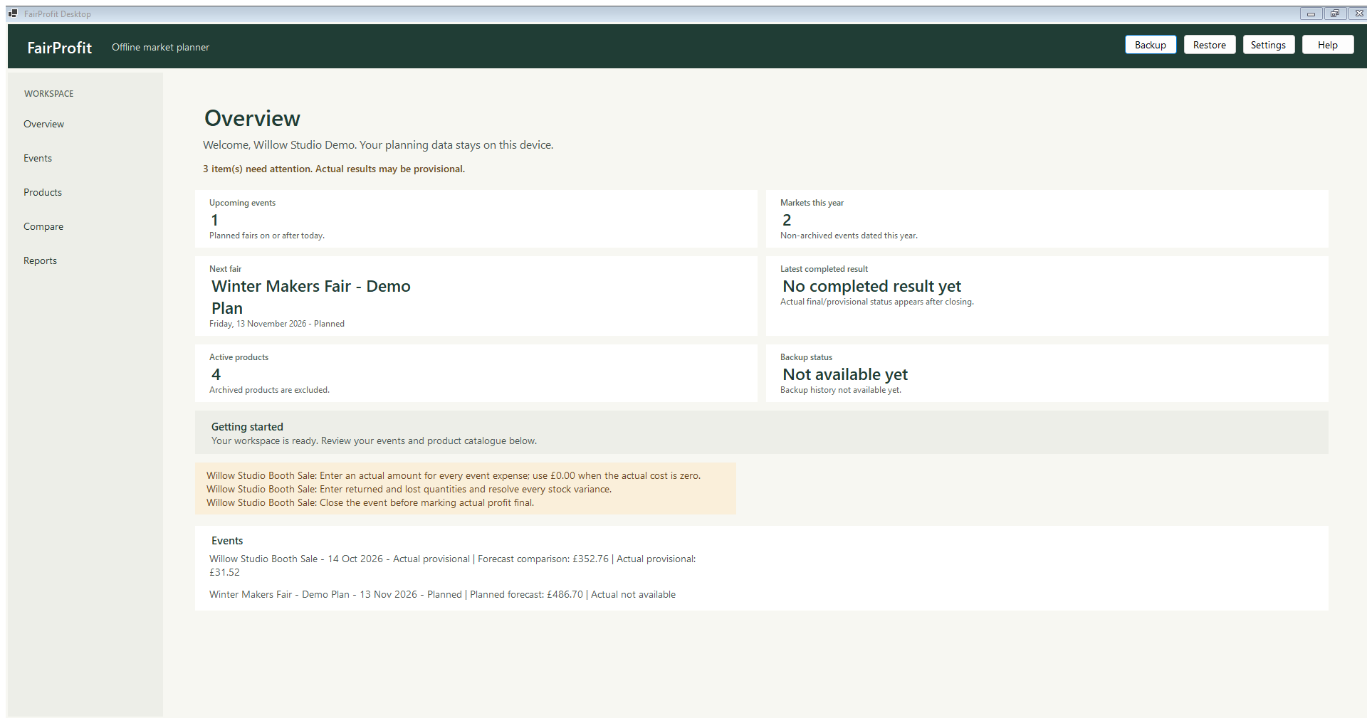 FairProfit Desktop overview screen showing a demo business, event counts and planned figures
