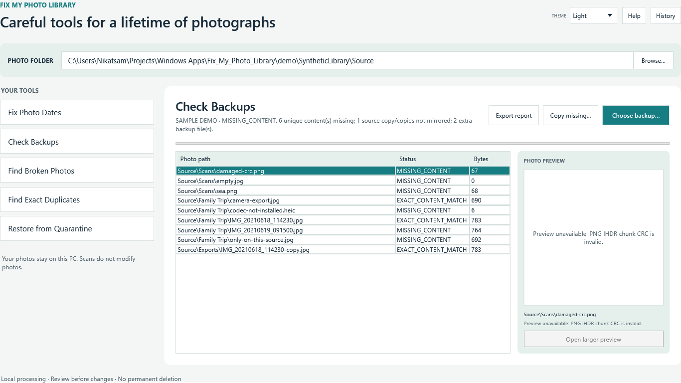 Sample Fix My Photo Library backup check showing a matching photo and a missing-content result