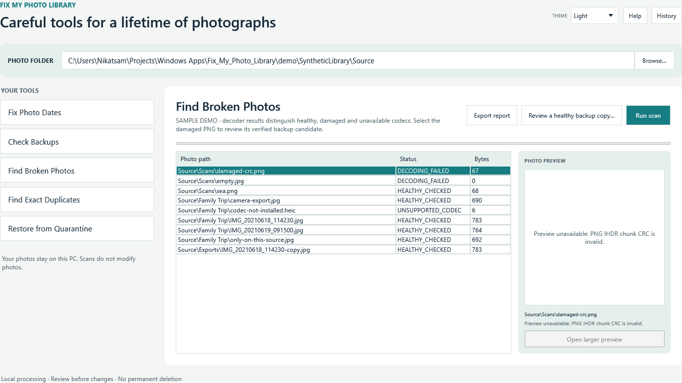 Fix My Photo Library sample image check distinguishing healthy, decoding-failed and unsupported-codec files