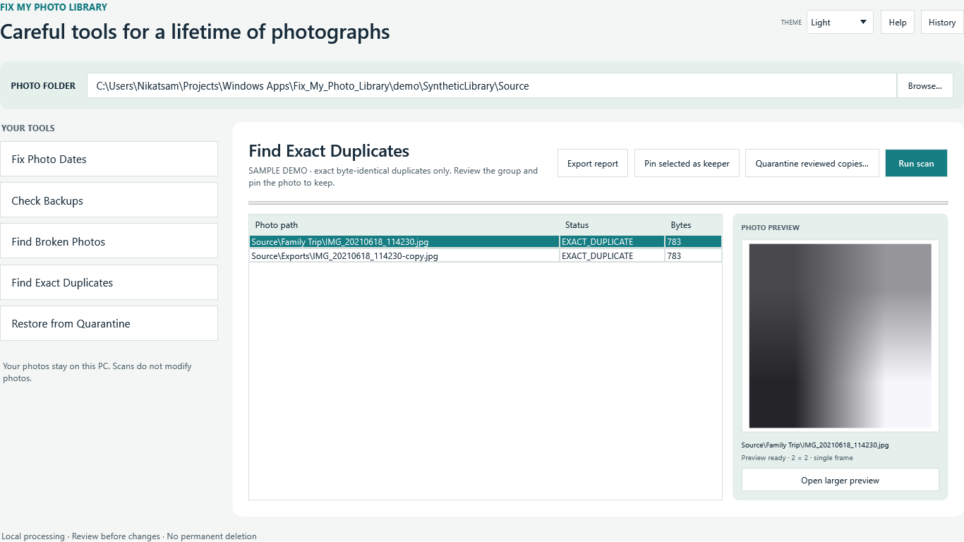 Fix My Photo Library sample exact-duplicate group with a keeper available for review