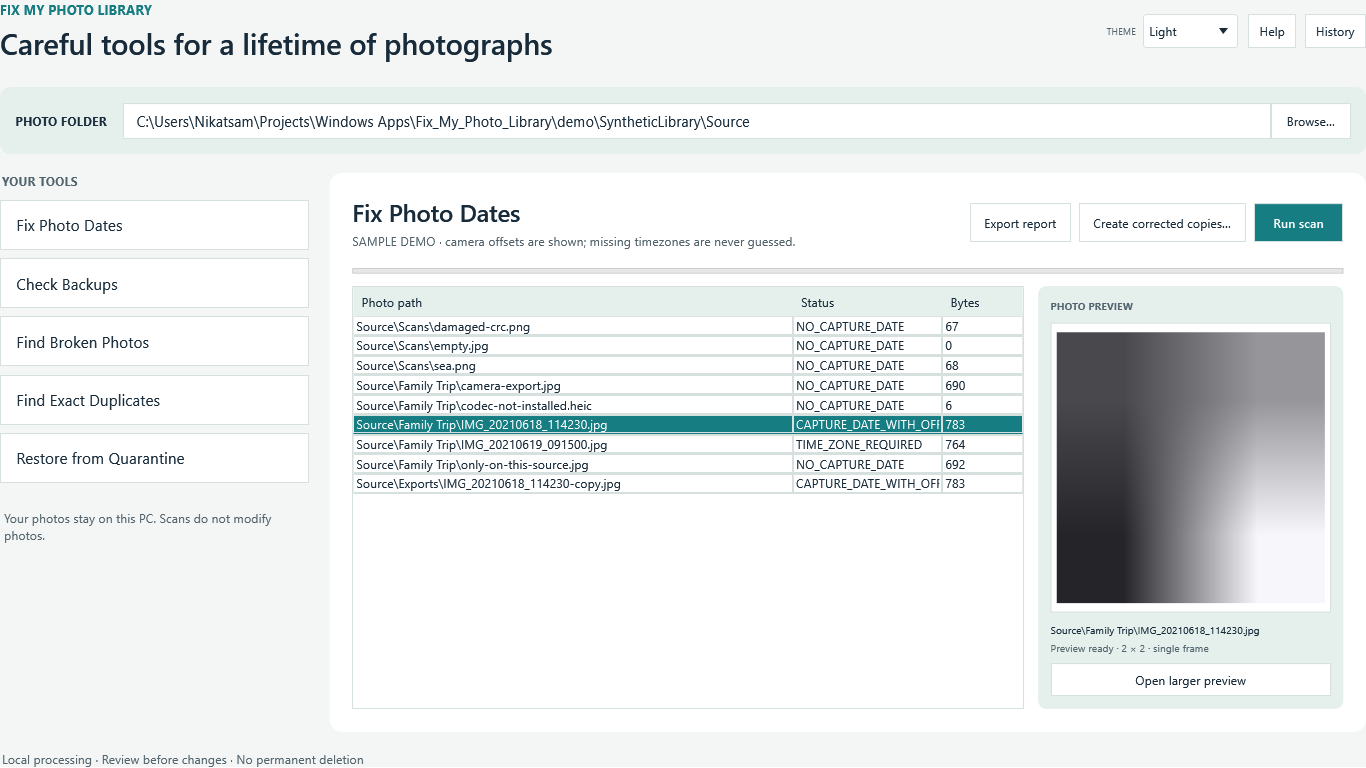 Fix My Photo Library sample camera-date preview showing an explicit timezone offset and a date requiring review