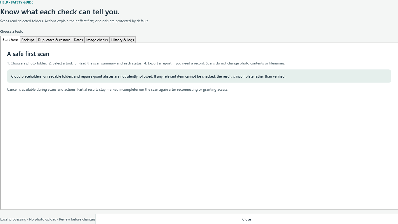 Fix My Photo Library in-app Help and Safety Guide with topics for backups, duplicates, dates, image checks and logs