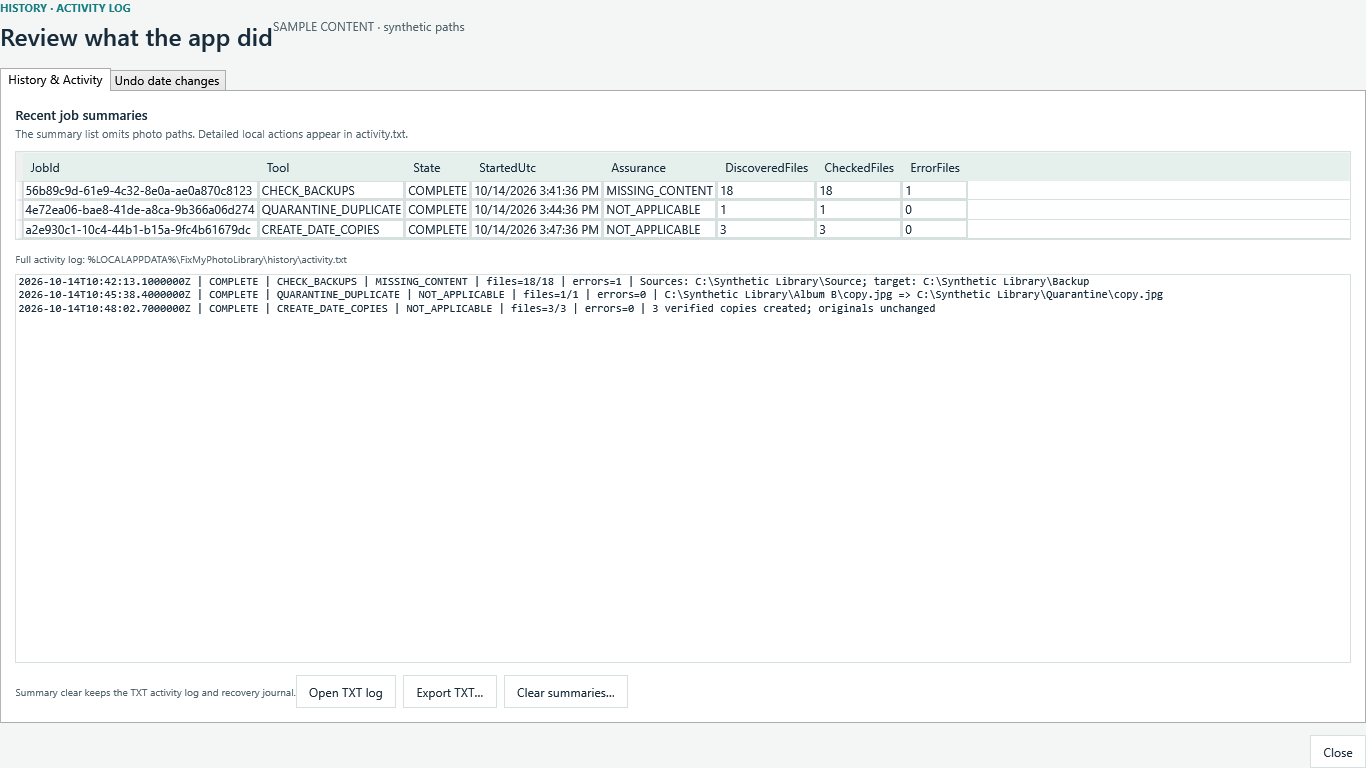 Fix My Photo Library History and Activity Log with synthetic job summaries, TXT activity and example source-to-quarantine paths