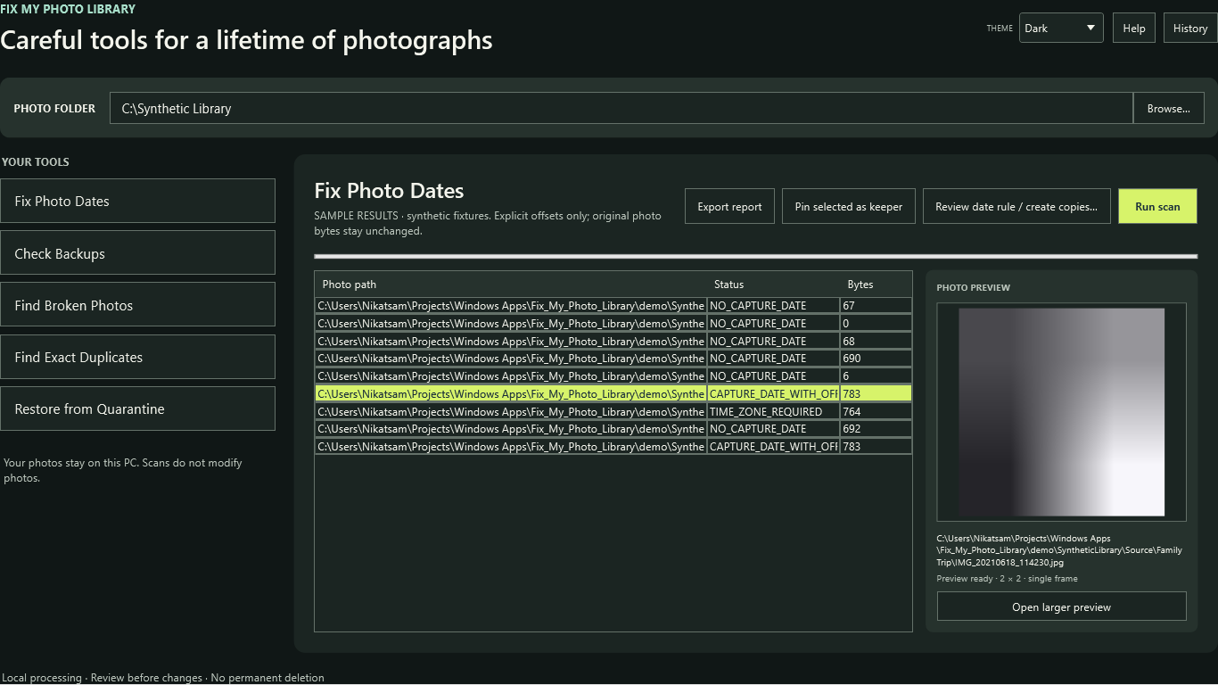 Fix My Photo Library date review in the user-selectable dark theme, showing timezone evidence
