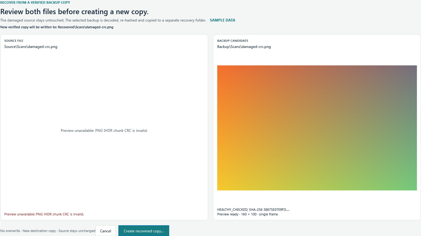 Fix My Photo Library side-by-side review of a damaged source PNG and verified healthy backup before creating a recovery copy