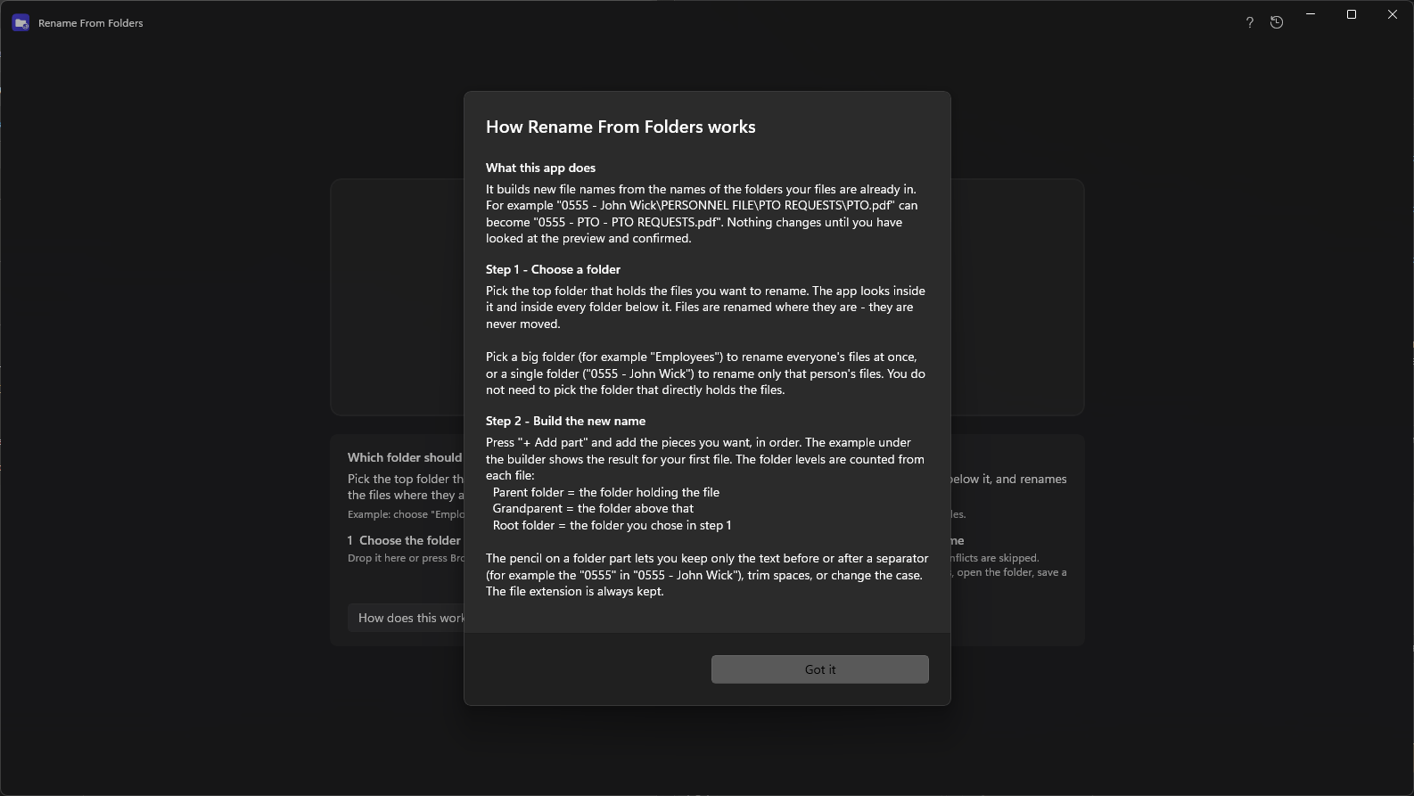 Built-in guide explaining how to bulk rename files using folder names