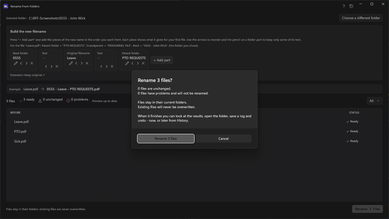Confirmation dialog before bulk renaming files