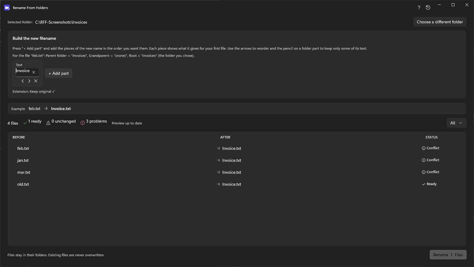 File name conflicts shown in the preview and skipped instead of overwritten