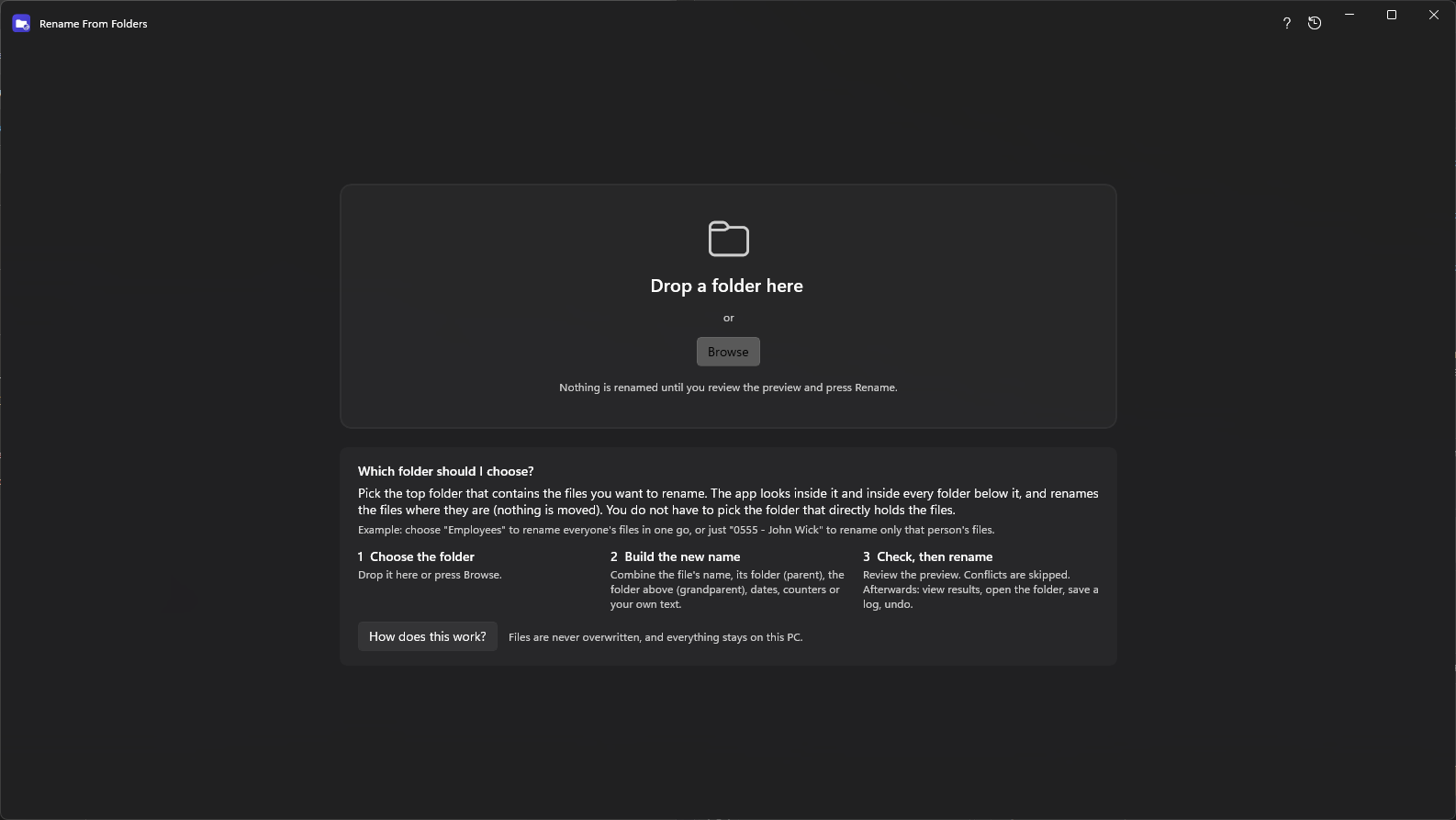 RenameFromFolder start screen: drop a folder or press Browse to rename files by folder name