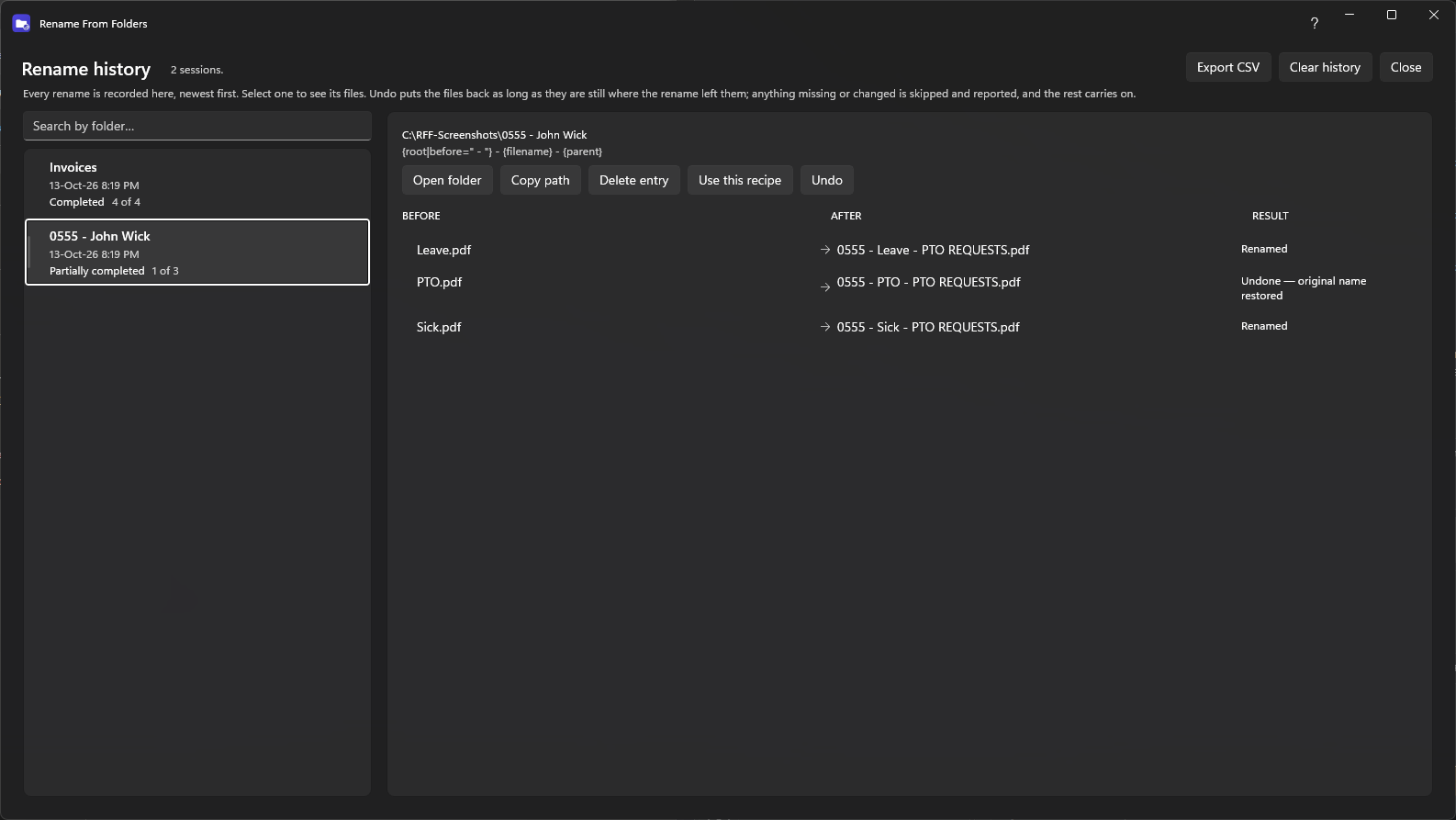 Rename history with per-file results and undo for any past rename