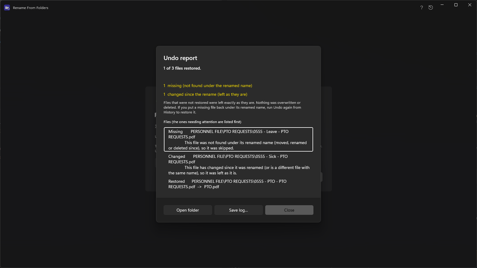 Undo report showing restored, missing and changed files