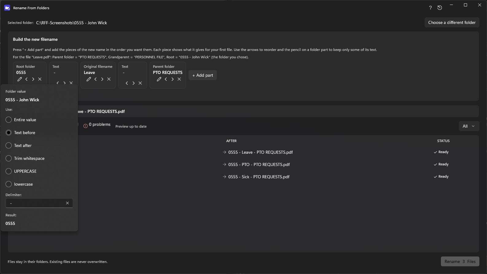 Editor for using only part of a folder name, such as the text before a dash, in a file name