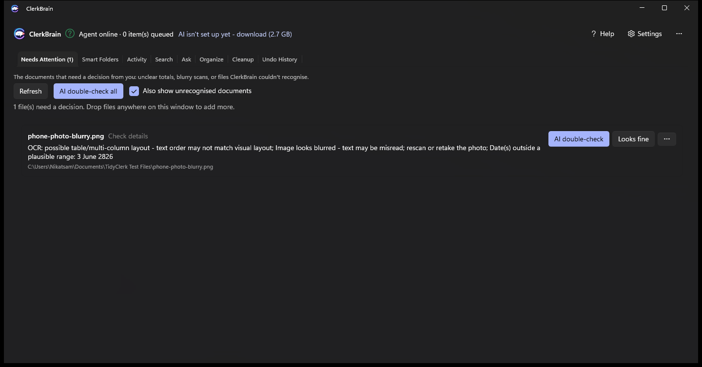 ClerkBrain's Needs Attention tab showing a blurry scan flagged for review