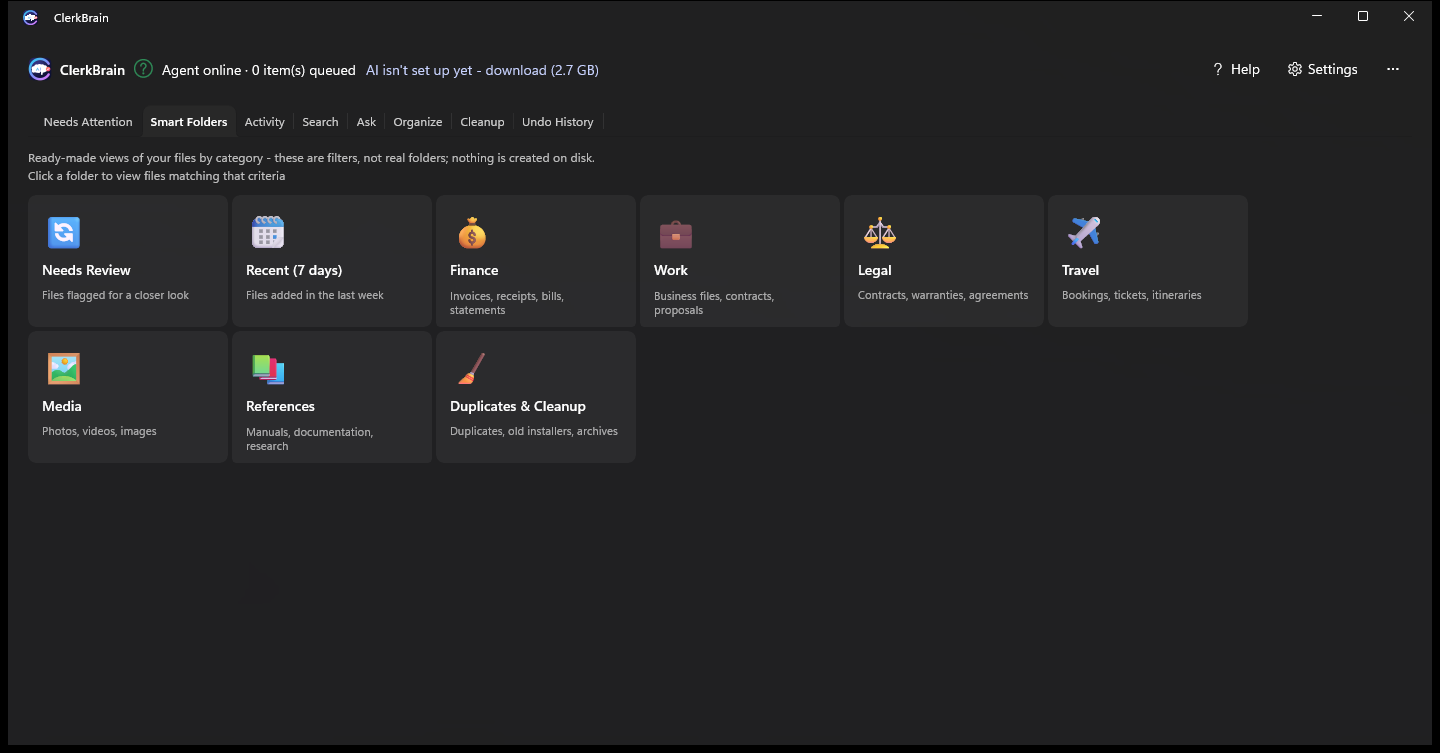 ClerkBrain Smart Folders tab in dark theme