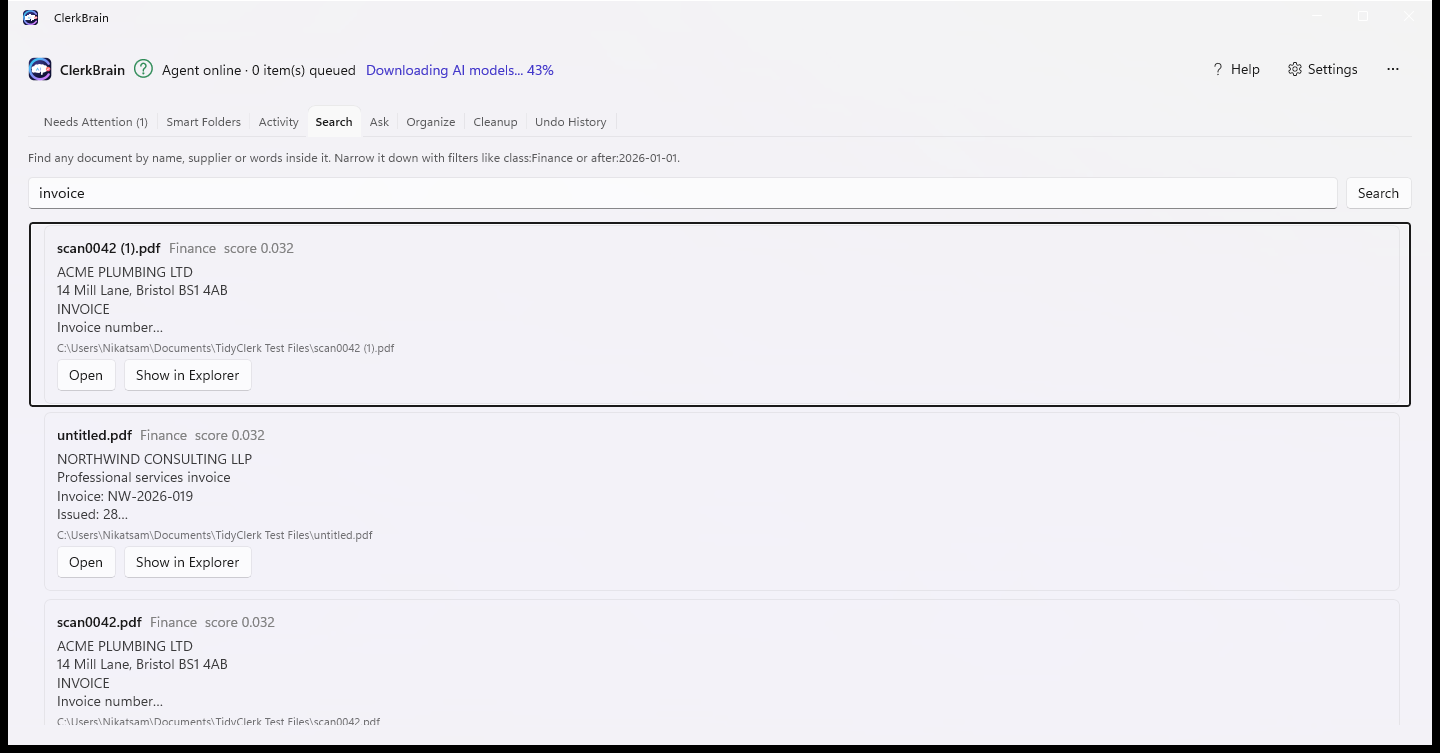 ClerkBrain Search tab in light theme