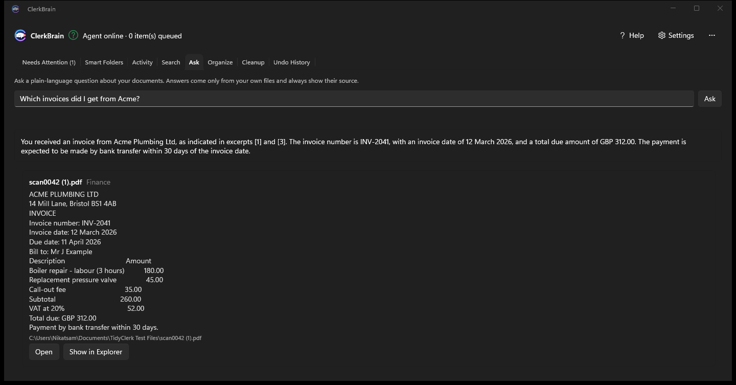ClerkBrain's Ask tab answering a question about an electricity bill with the source document shown