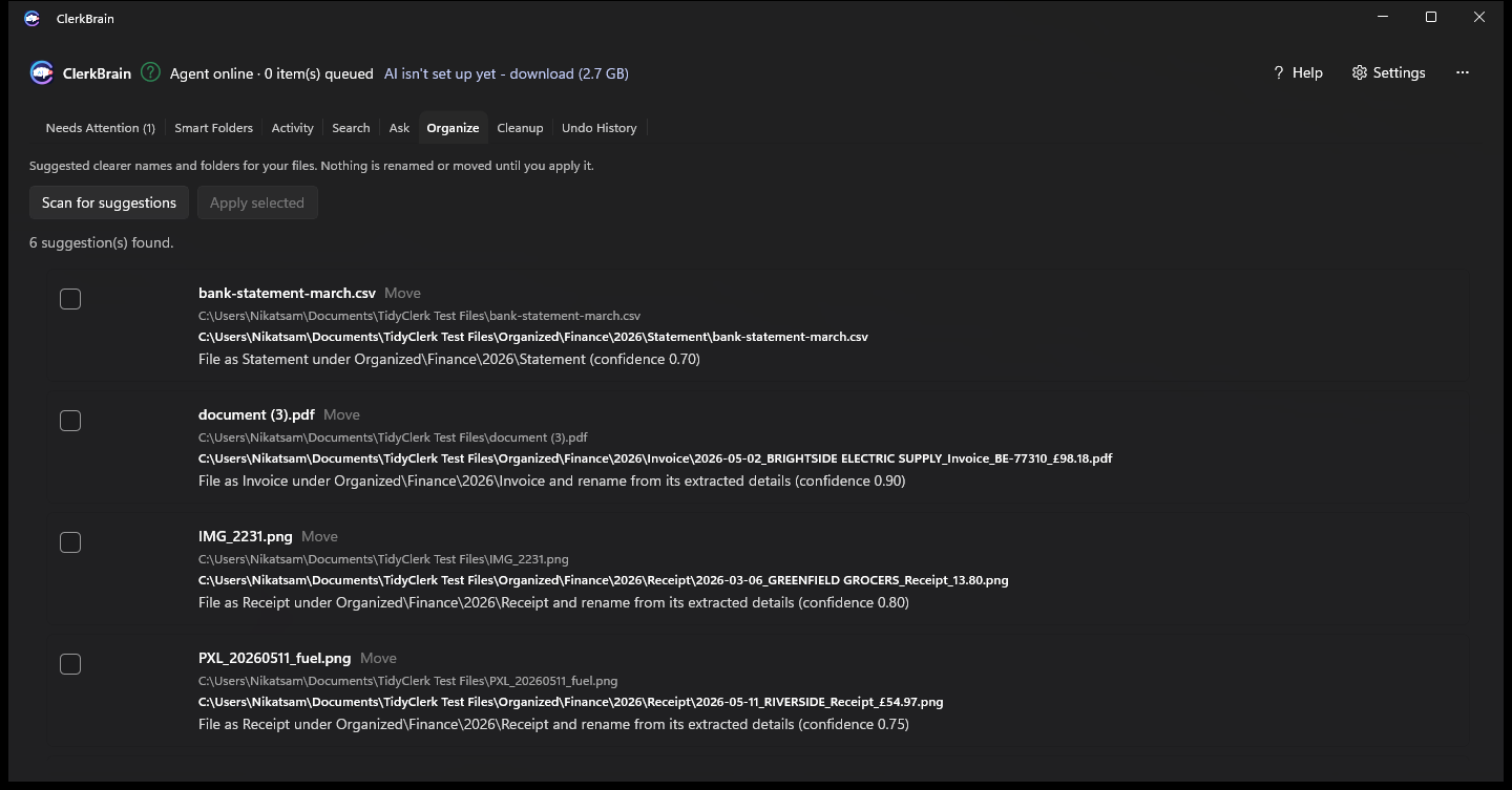ClerkBrain's Organize tab showing suggested file renames and folders