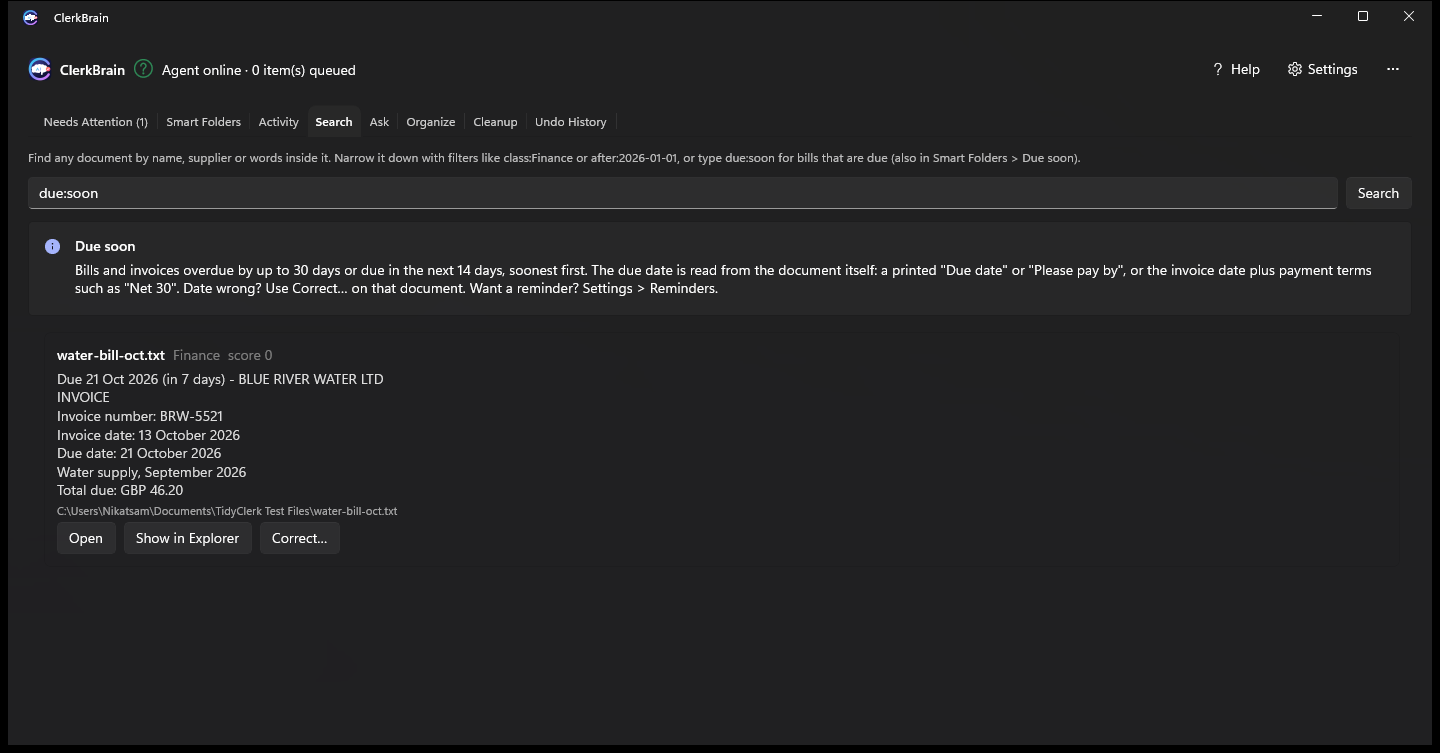 ClerkBrain's Due soon search showing a bill due in 7 days, with an explanation of where due dates come from