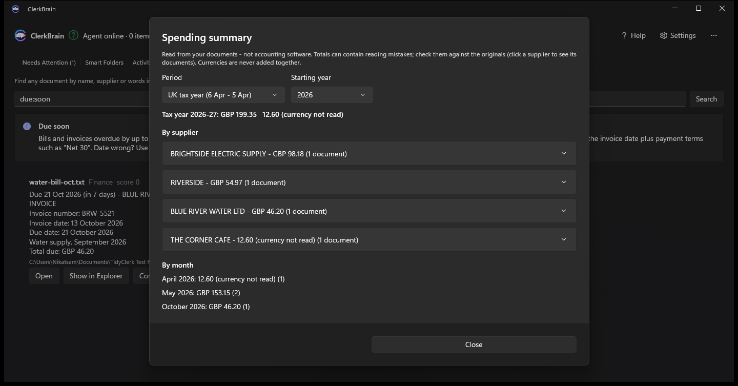 ClerkBrain's spending summary dialog showing totals by supplier and by month for a tax year