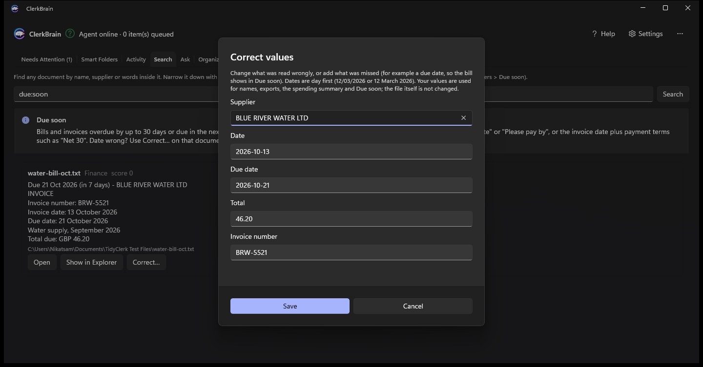 ClerkBrain's Correct values dialog with supplier, date, due date, total and invoice number fields