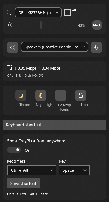 TrayPilot keyboard shortcut editor expanded below the dashboard, with modifier and key selectors and a Save shortcut button