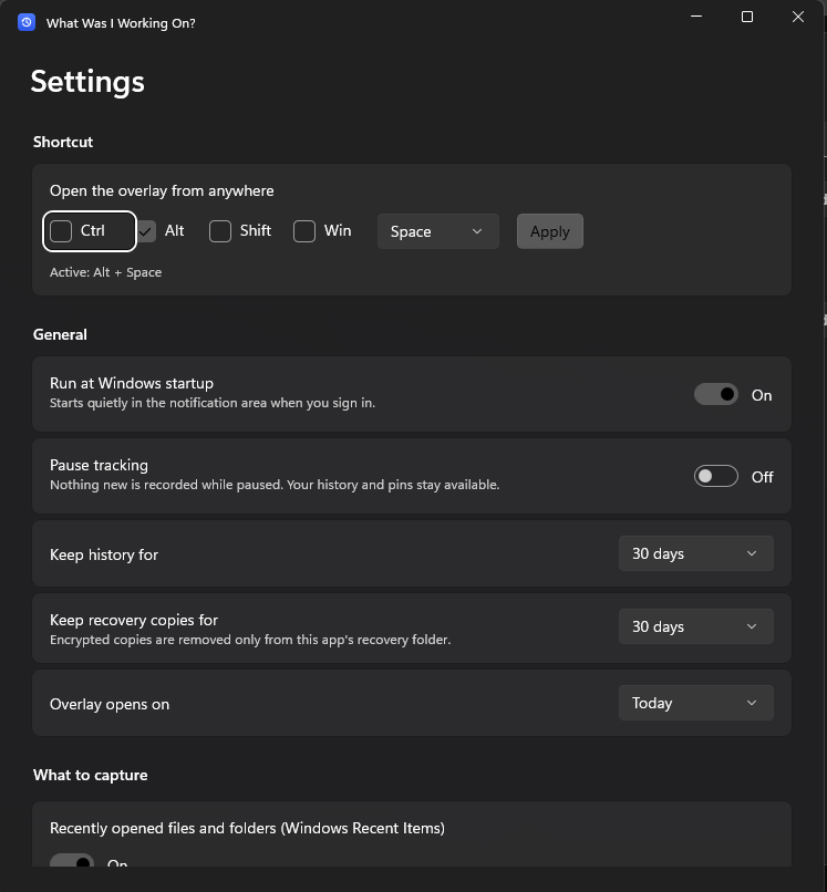 App settings for the global shortcut, Windows startup, tracking, and local history
