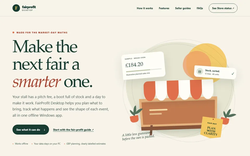Screenshot of the Craft Fair Profit website