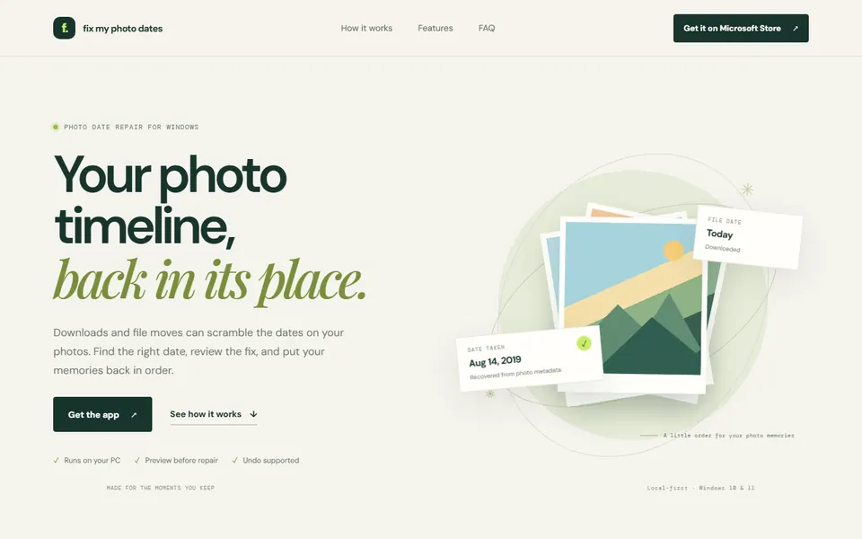 Screenshot of the Fix My Photo Dates website