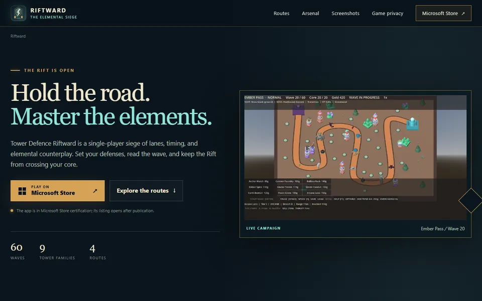 Screenshot of the Tower Defence Riftward website