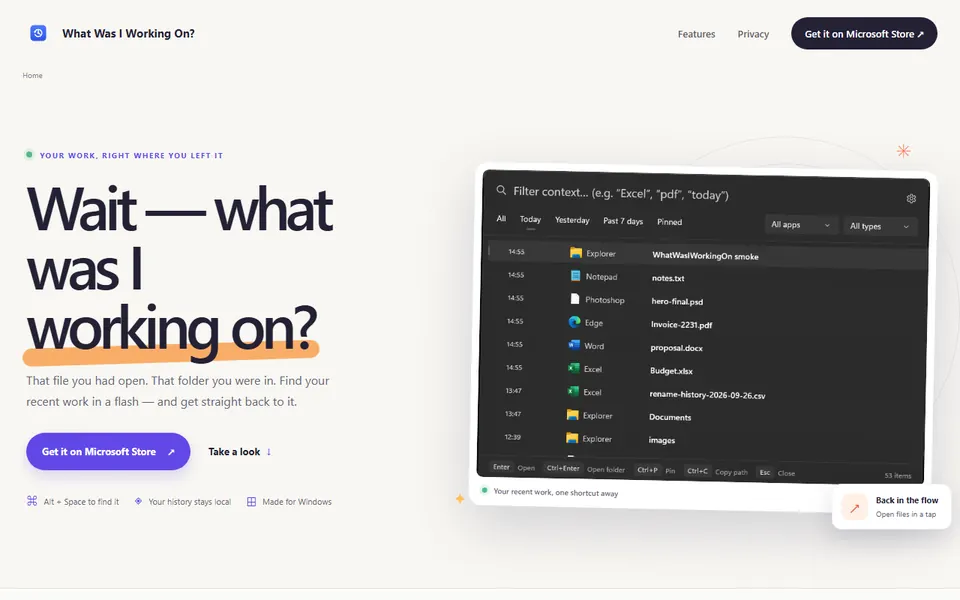 Screenshot of the What Was I Working On? website